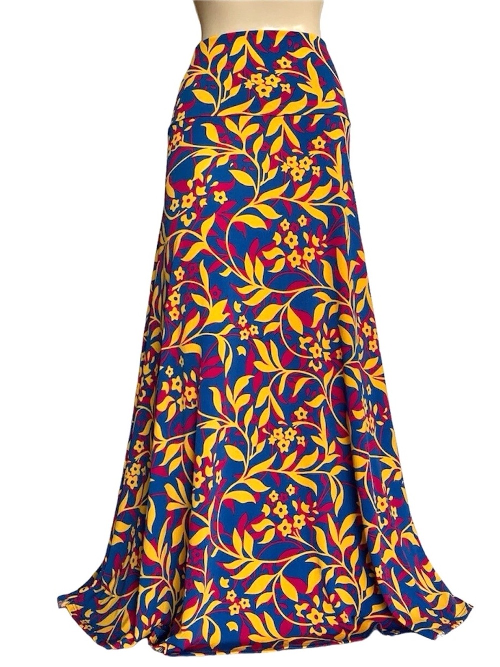 LuLaRoe Maxi Skirt Fold Down Waist in Blue, Yellow and Pink/Red Floral Print S